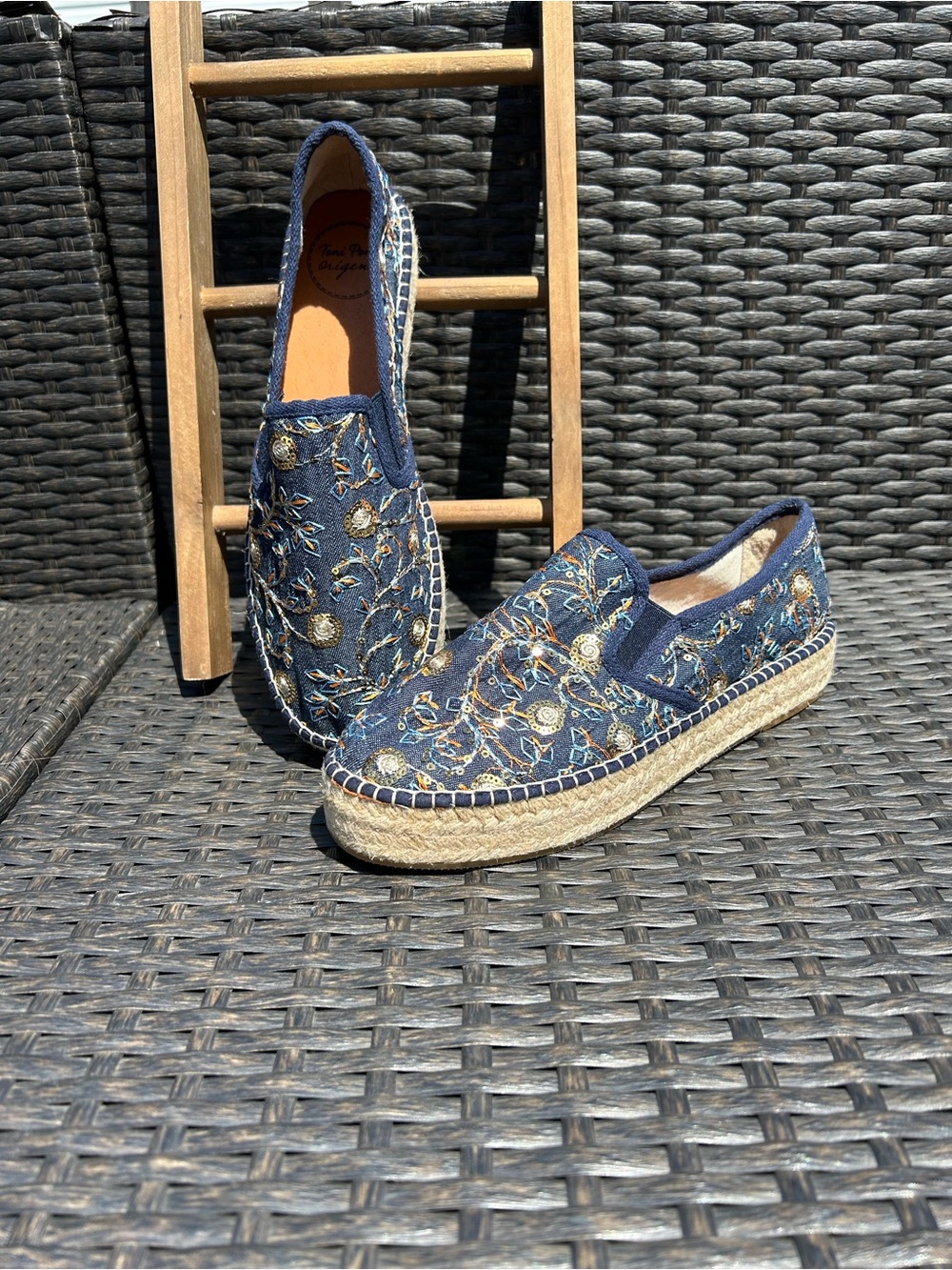 Embroidered Navy Espadrille Slip-Ons for Women